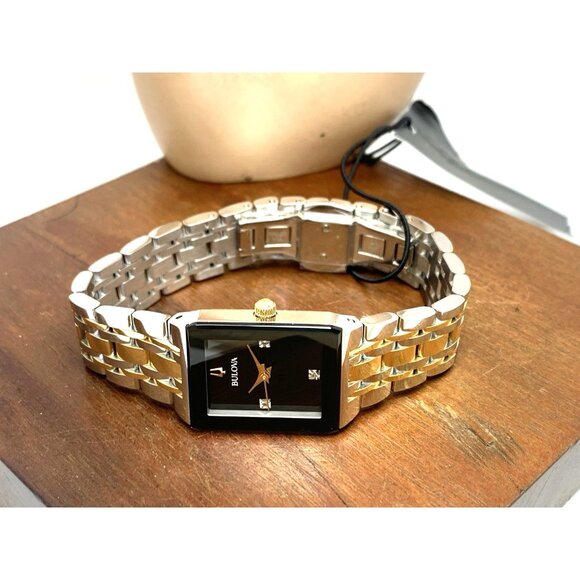 Bulova Women's Watch 98P185 Quartz Diamond Accent Black Dial Tank Two Tone Steel - Picture 7 of 13